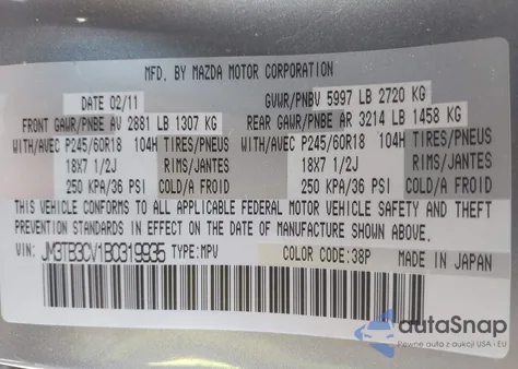 2011 Mazda Cx-9 Touring z USA, uszkodzony, nr VIN JM3TB3CV1B0319935